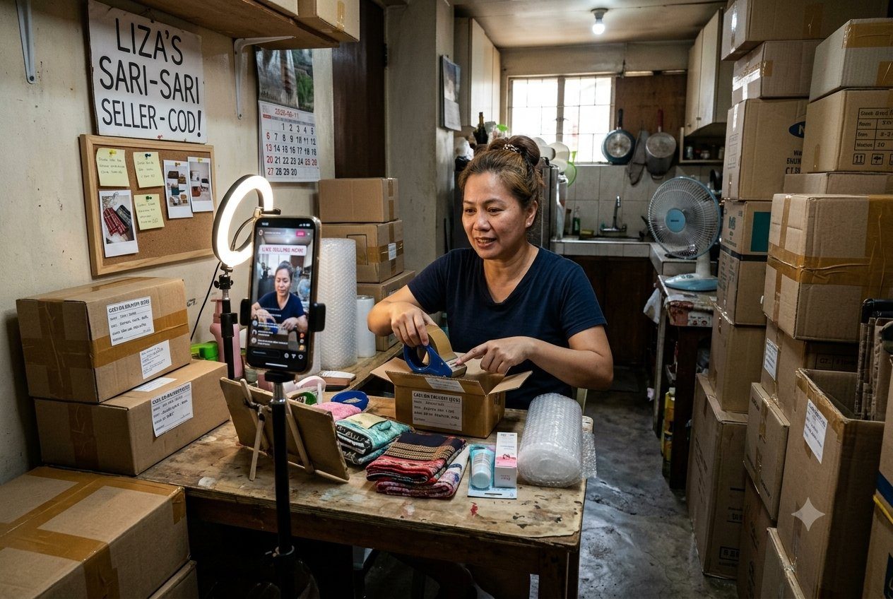 A Filipino seller doing a live sell surrounded by COD parcels