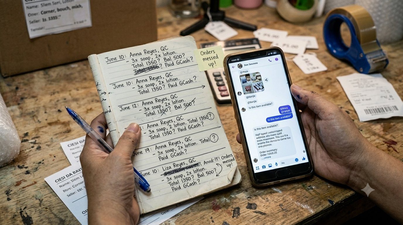 A seller tracking orders in a notebook beside a phone full of messages